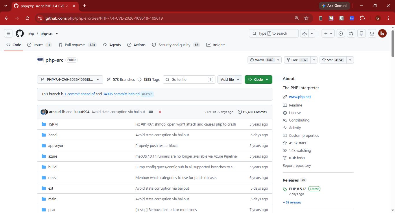 Tangkapan layar branch PHP-7.4-CVE-2026-109618-109619 pada repositori php/php-src di GitHub.