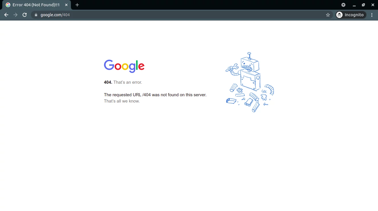 Tangkapan layar tampilan halaman 404 Not Found milik google.com. Diambil pada tanggal 14 Agustus 2021 pukul 07:25 WIB.