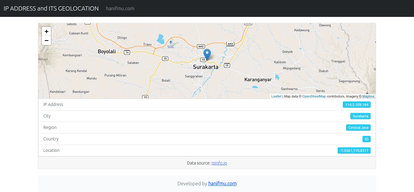  Tampilan aplikasi web untuk menampilkan IP Address dan lokasi pengguna