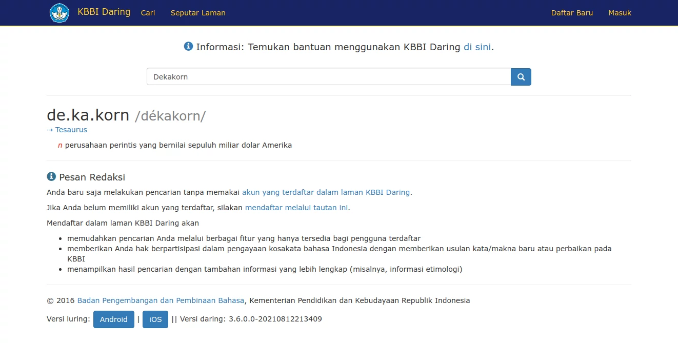  Entri dekakorn dalam KBBI. Gambar: KBBI Daring/kbbi.kemdikbud.go.id.