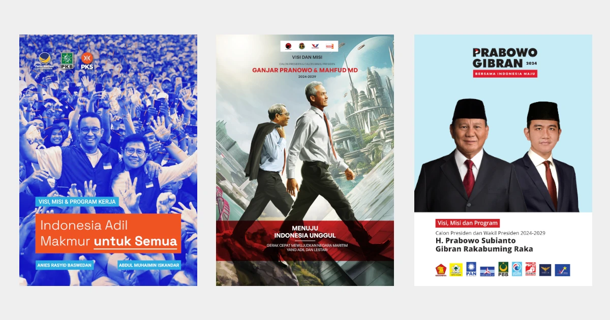 Kover dokumen Visi dan Misi pasangan calon Presiden dan Wakil Presiden pada Pemilihan Umum (Pemilu) Tahun 2024 Anies-Muhaimin, Ganjar-Mahfud, dan Prabowo-Gibran